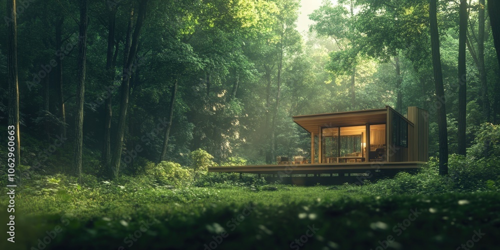 Wooden cabin nestled in a lush green forest. Wooden cabin nestled in a lush green forest.