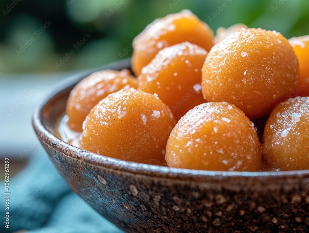 A bowl of gulab jamuns, round-shaped sweet dough balls coated in sugar and deep fried until crispy. A popular dessert choice in Indian cuisine for festivals like Diwali. A bowl of gulab jamuns, round-shaped sweet dough balls coated in sugar and deep fried until crispy. A popular dessert choice in Indian cuisine for festivals like Diwali.