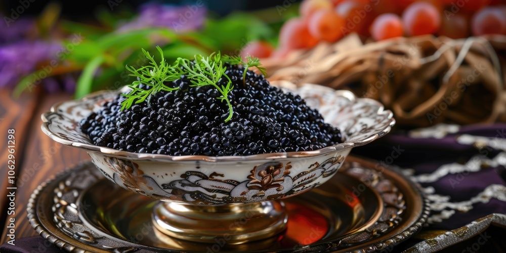 Delicious and healthy black caviar served in a silver bowl, garnished with chopped herbs. Delicious and healthy black caviar served in a silver bowl, garnished with chopped herbs.