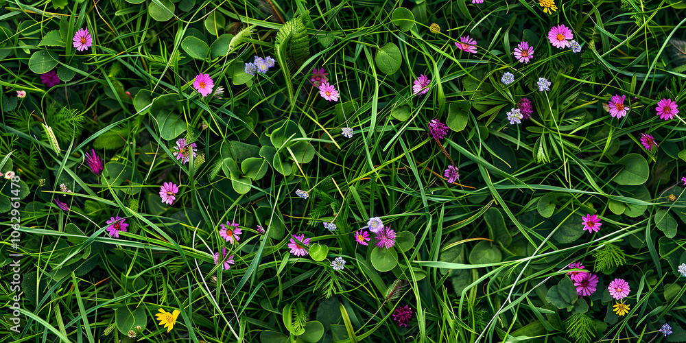 Close-up wildflower grass texture background with green blades and vibrant flowers Close-up wildflower grass texture background with green blades and vibrant flowers