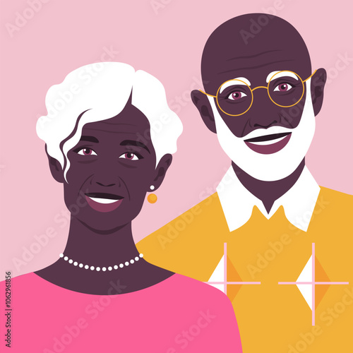 African elderly couple. Grandfather and grandmother are smiling. Portrait of happy old people. Vector flat illustration