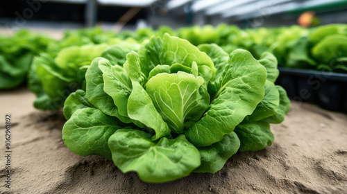 Close-up of fresh green butterhead lettuce growing in a greenhouse garden bed under controlled conditions