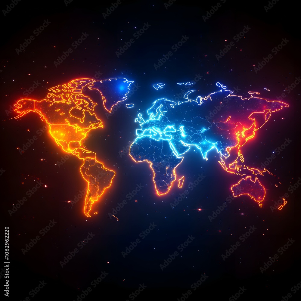 A glowing neon world map with bright orange, blue and red outlining the continents, set against a starry night sky. A glowing neon world map with bright orange, blue and red outlining the continents, set against a starry night sky.