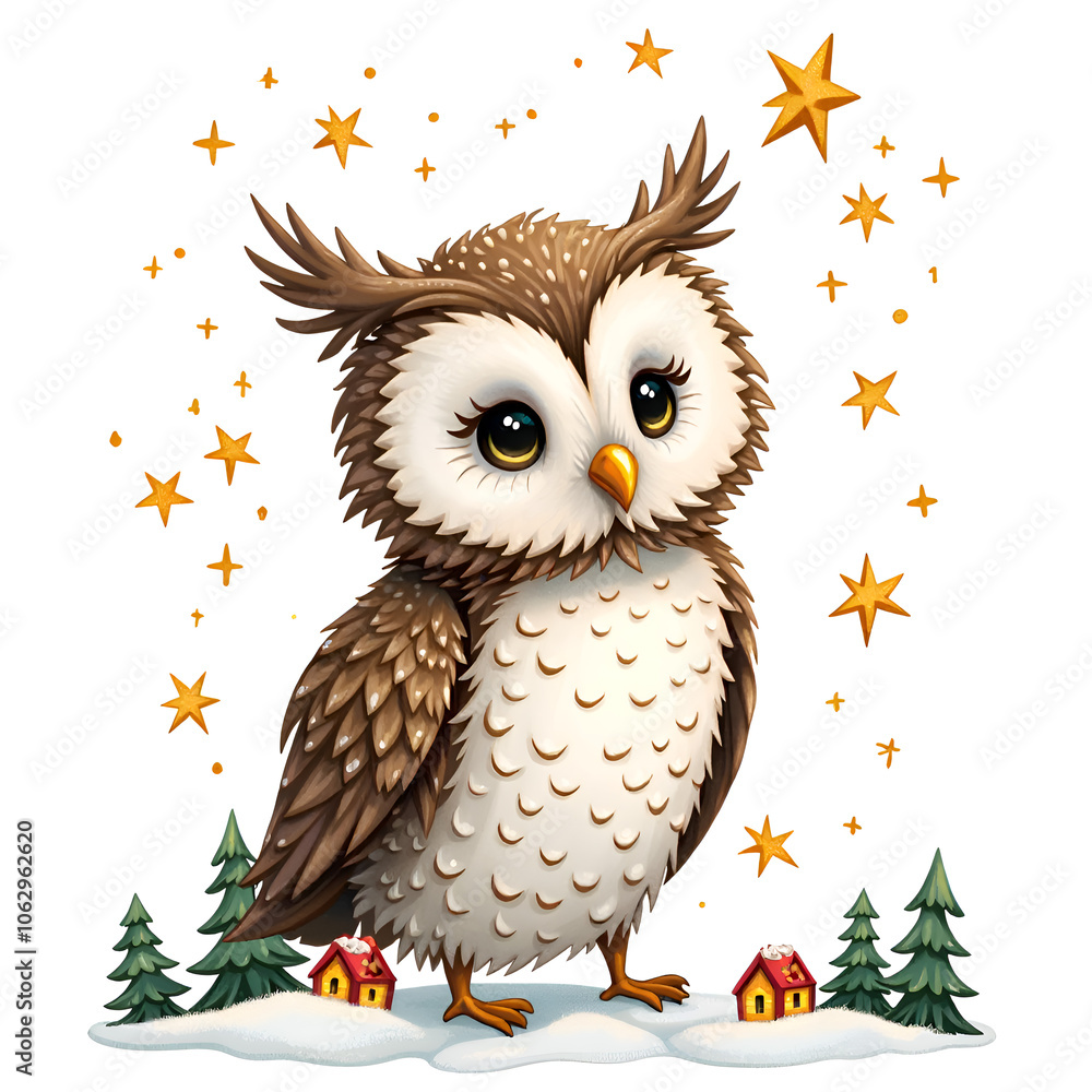 Fototapeta premium Embrace the magic of winter with a whimsical starry owl underneath shimmering stars, digital illustration of fantasy concept.