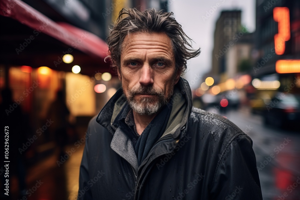Portrait of a handsome mature man with long hair and beard, wearing a raincoat, standing on a street in New York City. Portrait of a handsome mature man with long hair and beard, wearing a raincoat, standing on a street in New York City.