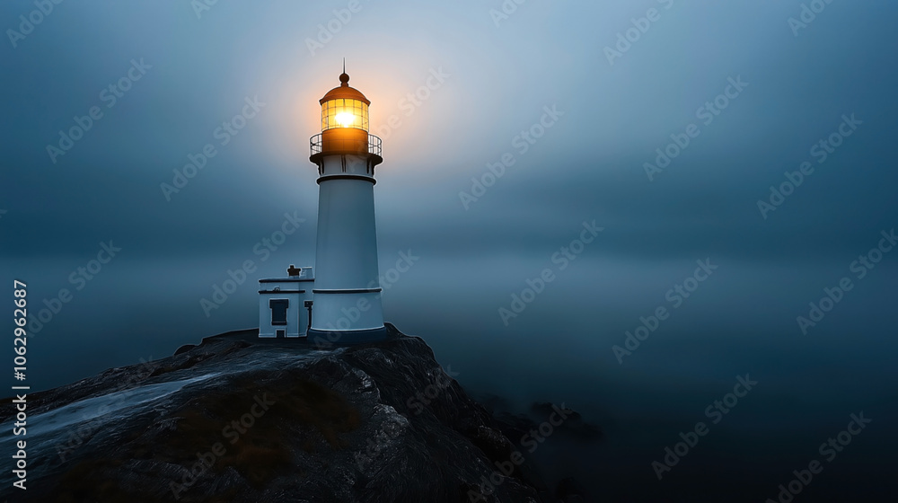 Lighthouse illuminated at night on a rocky shoreline with misty, dark ocean backdrop under a cloudy sky Lighthouse illuminated at night on a rocky shoreline with misty, dark ocean backdrop under a cloudy sky