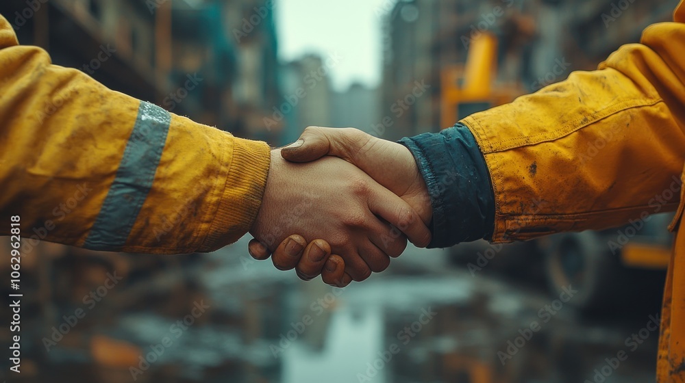 Two construction workers shaking hands in front of a construction site. Two construction workers shaking hands in front of a construction site.