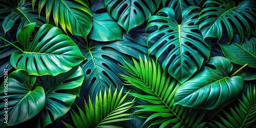 Wallpaper Mural Lush Green Tropical Foliage Silhouette Background with Monstera and Palm Leaves for Organic Wallpaper Design Torontodigital.ca