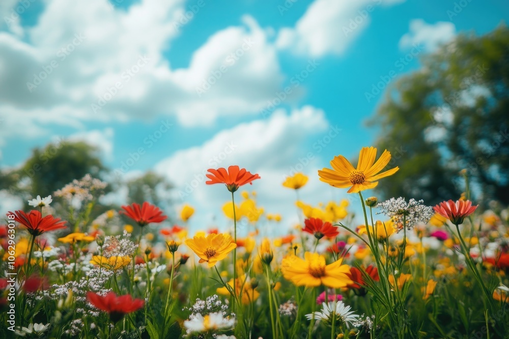 Meadow of various flowers blooming in the sunlight on a clear day. Meadow of various flowers blooming in the sunlight on a clear day.
