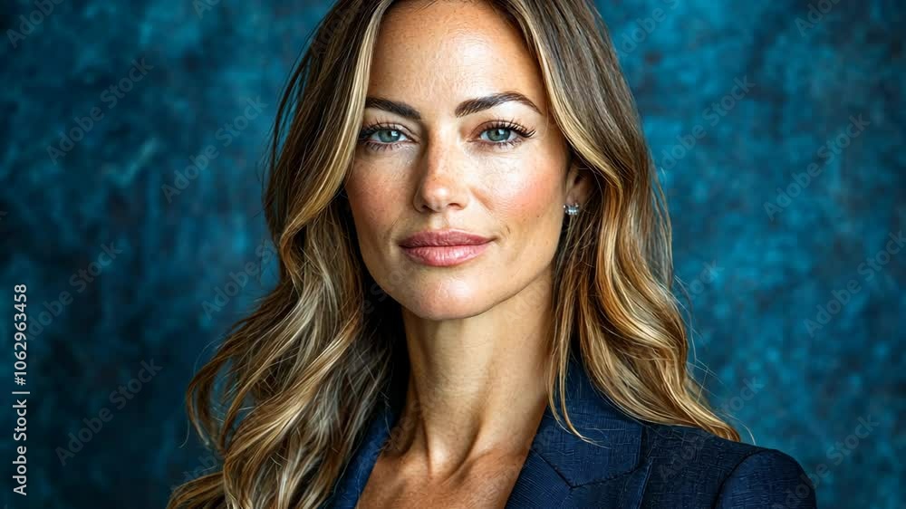 A woman with long brown hair and a blue blazer smiles at the camera A woman with long brown hair and a blue blazer smiles at the camera