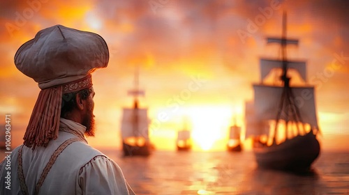 Sailor gazing at sunset over the ocean, ships in the distance.