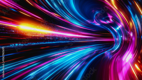 Experience a vibrant blend of glowing neon colors in this abstract digital artwork, illustrating speed and motion in a futuristic digital interface design.