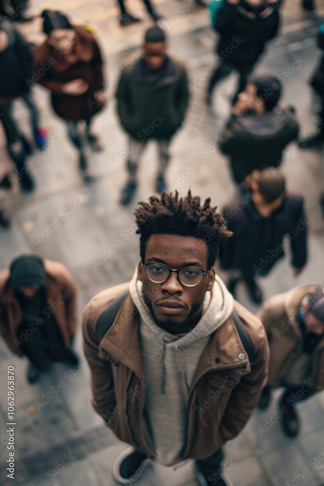 Crowd of people standing together, looking in different directions. Man with dreadlocks in middle stands still, looking ahead. Crowd of people standing together, looking in different directions. Man with dreadlocks in middle stands still, looking ahead.