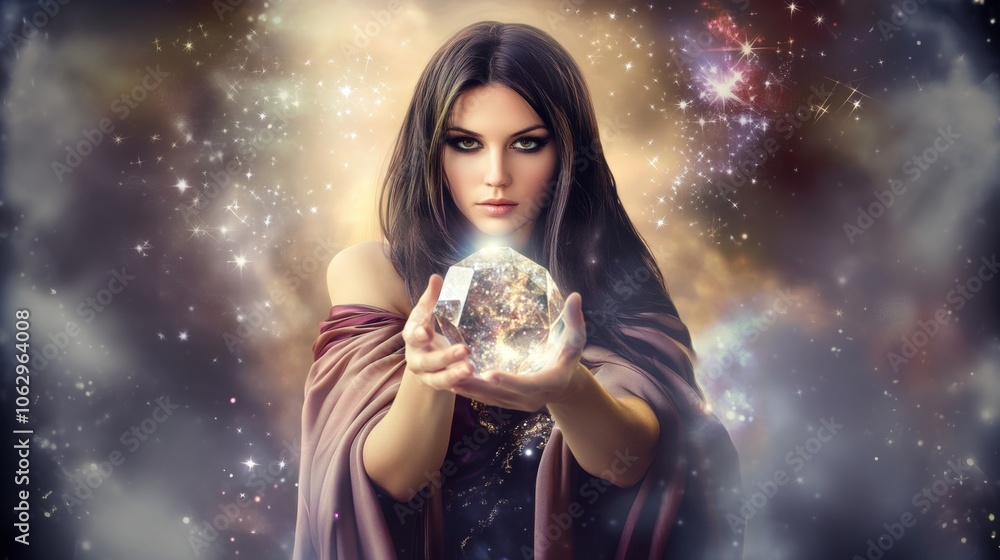 Naklejka premium Mystical woman holding a glowing crystal in a cosmic, star-filled background, conveying a sense of magic and power in a dreamlike style.