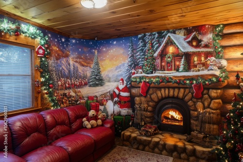 Fireplace, Christmas tree and ornaments in the room of the wooden house photo