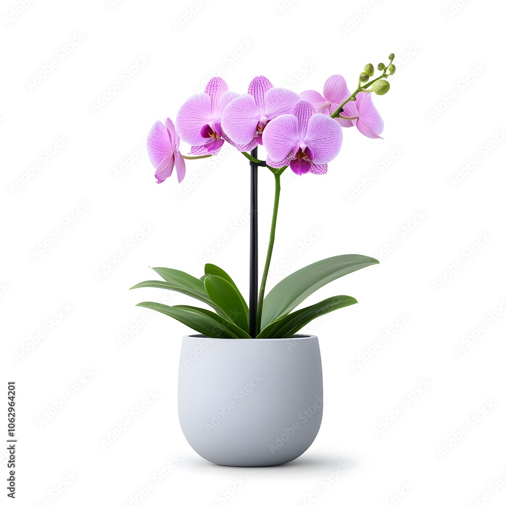 Perfect Purple Magenta Gradient Orchid Flowers in Gray Pot on White Background Perfect Purple Magenta Gradient Orchid Flowers in Gray Pot on White Background