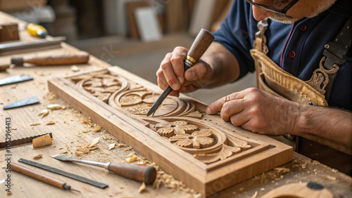 Close up of a craftsman hands meticulously shaping wood in a workshop and carving ornate details into wood