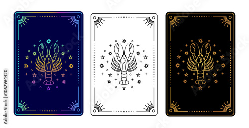 Set of three tarot cards with  Cancer zodiac sign in gradient, black and white, and gold on black variations.