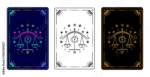 Set of three tarot cards with  Libra zodiac sign in gradient, black and white, and gold on black variations.
