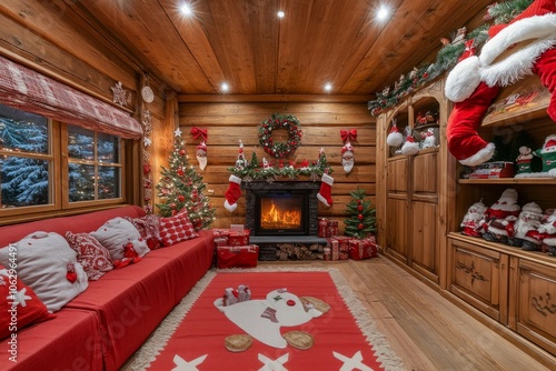 Fireplace, Christmas tree and ornaments in the room of the wooden house photo