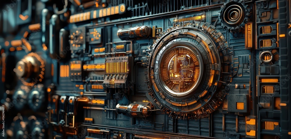 Fototapeta premium 3D visualization of complex machinery and a control system panel.