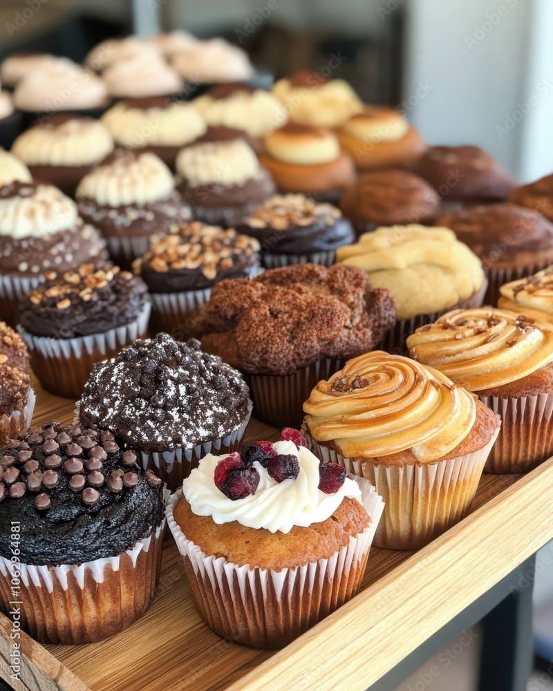 Delicious Variety of Muffins Displayed on a Rustic Wooden Table, Perfect for Breakfast or Dessert Delicious Variety of Muffins Displayed on a Rustic Wooden Table, Perfect for Breakfast or Dessert