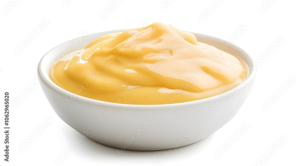 Creamy Yellow Sauce in a White Bowl on a Plain Background Creamy Yellow Sauce in a White Bowl on a Plain Background