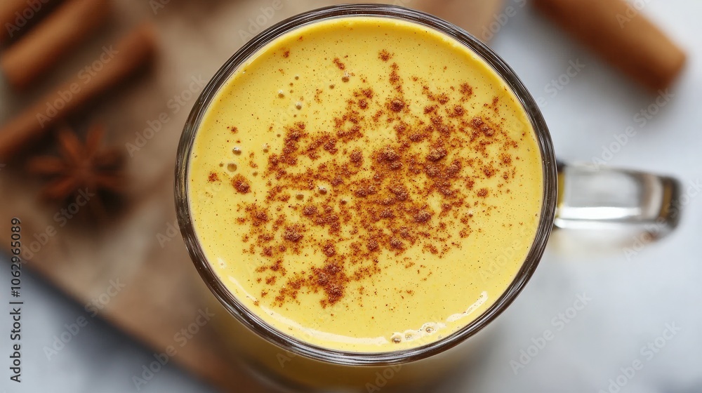 A bold, plant-based turmeric latte made with creamy soy milk and topped with a sprinkle of cinnamon and turmeric powder, offering an anti-inflammatory A bold, plant-based turmeric latte made with creamy soy milk and topped with a sprinkle of cinnamon and turmeric powder, offering an anti-inflammatory