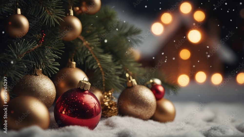 Obraz premium Christmas decorations arranged on a snowy background creating a festive scene