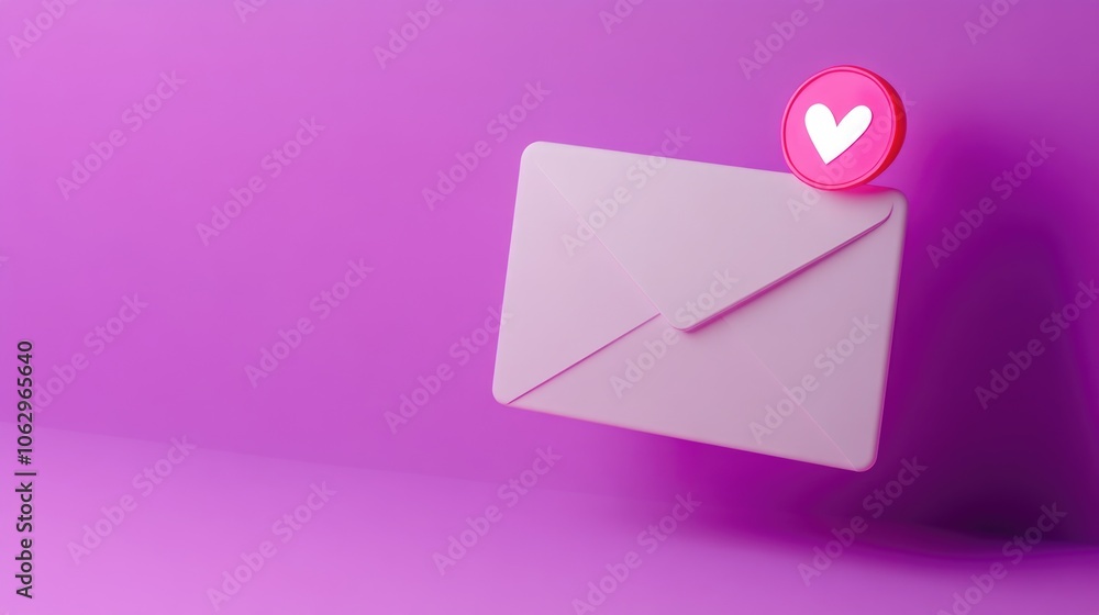 White envelope with a heart on it is floating in the air. The envelope is pink and white, and the heart is red. Concept of love and affection, as the heart symbolizes love White envelope with a heart on it is floating in the air. The envelope is pink and white, and the heart is red. Concept of love and affection, as the heart symbolizes love