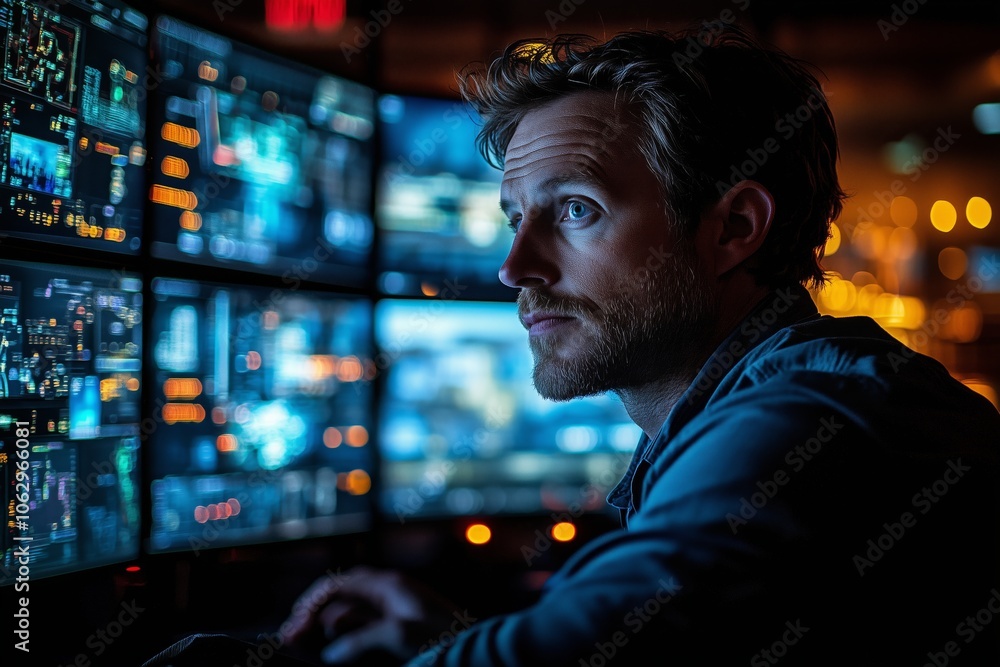 A man is looking at a computer screen with multiple monitors. He is focused and attentive, possibly working on a project or analyzing data. Concept of concentration and productivity A man is looking at a computer screen with multiple monitors. He is focused and attentive, possibly working on a project or analyzing data. Concept of concentration and productivity