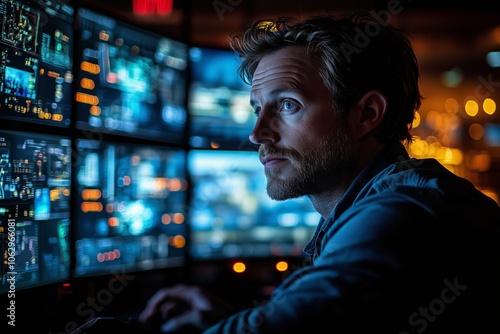 A man is looking at a computer screen with multiple monitors. He is focused and attentive, possibly working on a project or analyzing data. Concept of concentration and productivity