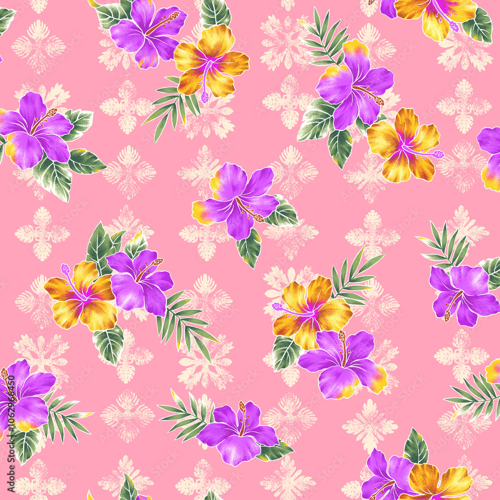 Fototapeta premium Hand drawn tropical beautiful flowers seamless pattern,,
