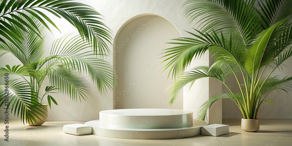Minimalist Tropical Design with Podium, Palm Leaves, and Abstract Shapes for Modern Interiors, Neutral Background, Clean Aesthetic, Perfect for Home Decor and Branding Minimalist Tropical Design with Podium, Palm Leaves, and Abstract Shapes for Modern Interiors, Neutral Background, Clean Aesthetic, Perfect for Home Decor and Branding