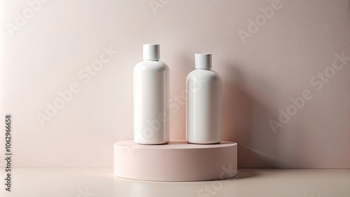 Minimalist Urban Still Life with White Bottles on White Platform Against Pink Wall - Perfect for Aesthetic Photography, Product Display, and Modern Decor Inspiration