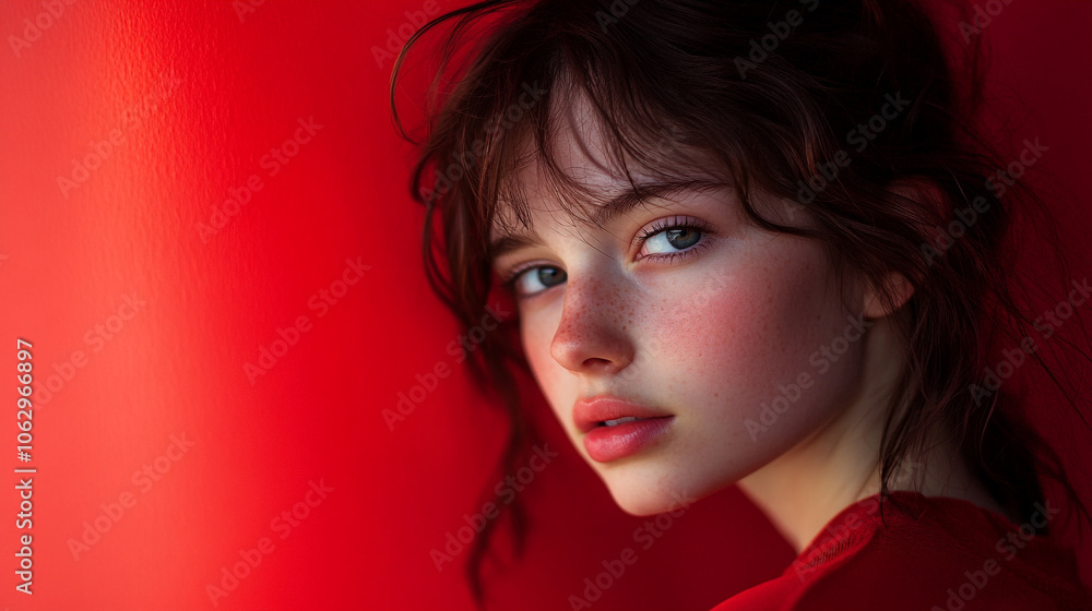 Young woman with captivating blue eyes poses against a vibrant red background in soft light Young woman with captivating blue eyes poses against a vibrant red background in soft light