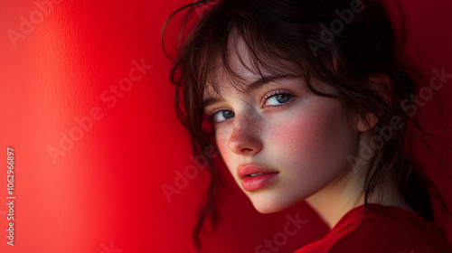 Wallpaper Mural Young woman with captivating blue eyes poses against a vibrant red background in soft light Torontodigital.ca