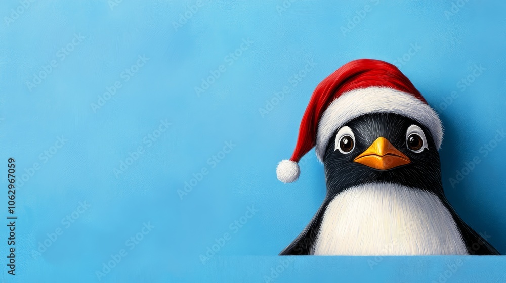Fototapeta premium Penguin wearing a red hat and a red santa hat is standing in front of a blue background