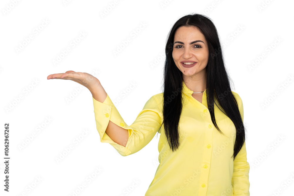 Young businesswoman in bright yellow gesturing with finger Young businesswoman in bright yellow gesturing with finger