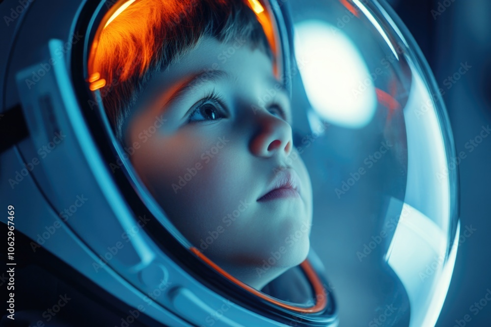 Young boy is looking out of a space suit. The boy is wearing a helmet and the suit is blue Young boy is looking out of a space suit. The boy is wearing a helmet and the suit is blue