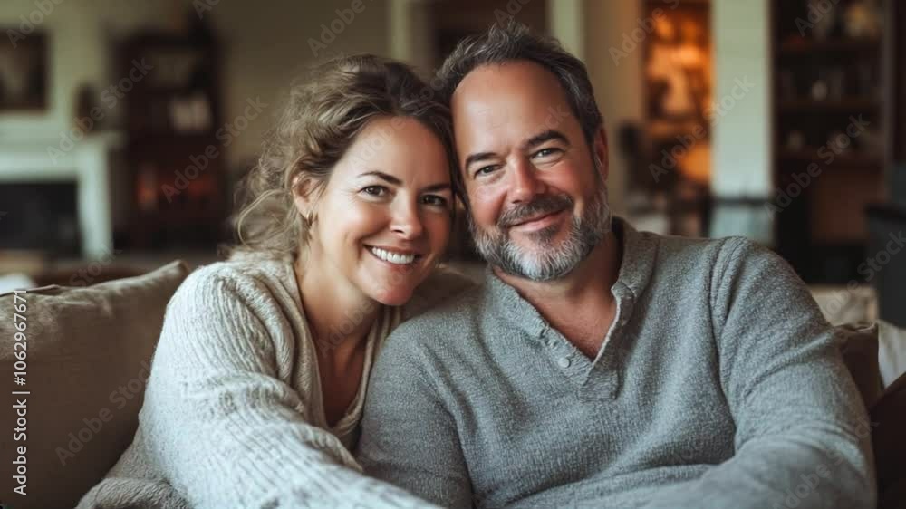 Smiling and loving mature couple, enjoying happy moments together in their cozy home. Smiling and loving mature couple, enjoying happy moments together in their cozy home.