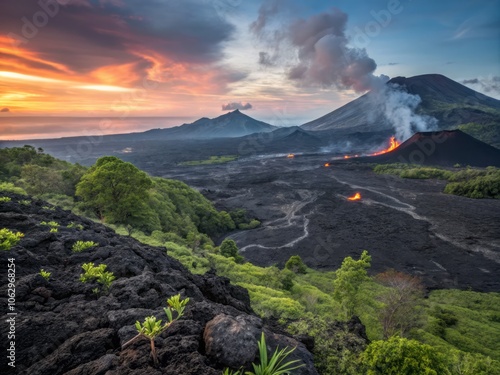 Majestic volcanic landscape on Ambrym Island, Vanuatu showcasing dark textured terrain and beauty photo