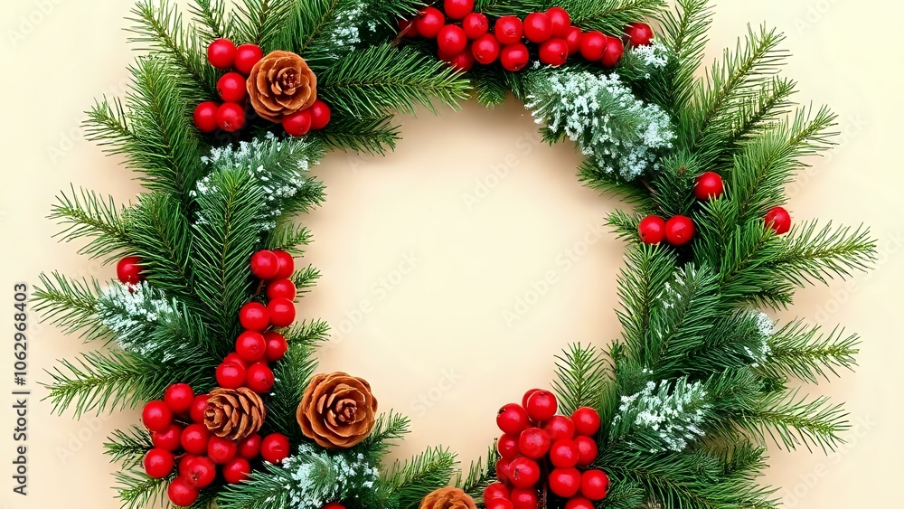 Winter Holiday Wreath on Beige Background Winter Holiday Wreath on Beige Background