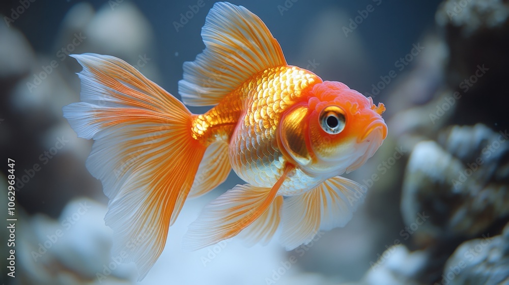 A single goldfish with orange and white scales swims in a clear aquarium. A single goldfish with orange and white scales swims in a clear aquarium.