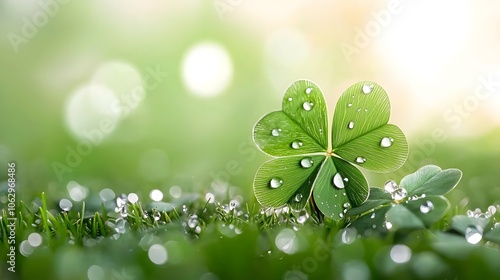 Dewdrops nature texture concept. A vibrant green four-leaf clover glistens with dew on a lush grassy background, symbolizing luck and nature's beauty.