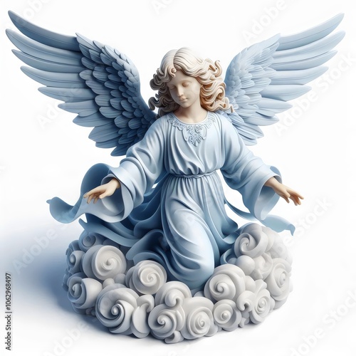  Angel in blue on a cloud. Isolated on a white background. 3D rendering.