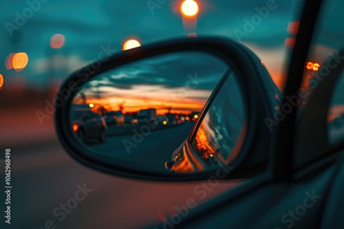 Car's rear view mirror reflects a city street at dusk. The reflection shows a few cars and a truck, and the sky is a mix of orange and blue hues