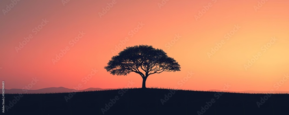 Solitary tree silhouette against a vibrant sunset sky. Solitary tree silhouette against a vibrant sunset sky.