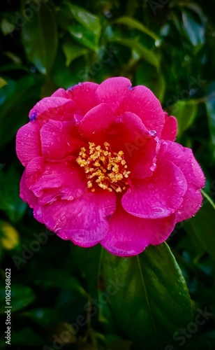 Vibrant pink camellia with dew drops