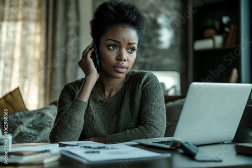 Friendly young African American woman with smartphone, support operator, call center employee, working at laptop, advises clients online, looking away, smiling